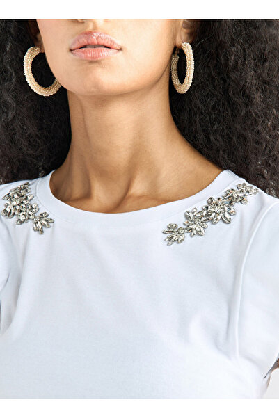 FAV Embellished T-shirt with Round Neck and Cap Sleeves