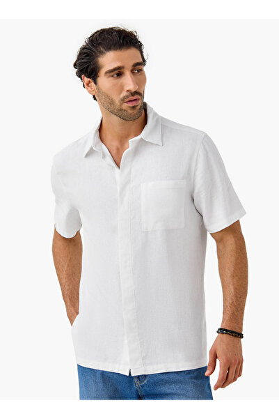 FAV قميص من مزيج الكتان بقصة عادية مع جيب على الصدر