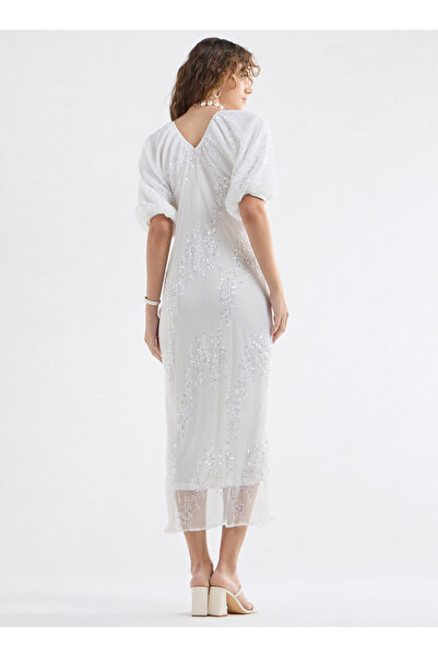FAV Sequinned Midi Dress With Short Puff Sleeves And V-neck
