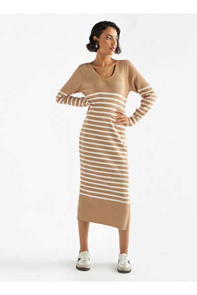 FAV Striped V-neck Dress with Long Sleeves