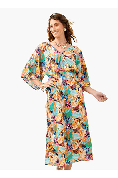 FAV فستان بطبعات الأزهار مع رقبة على شكل حرف V وتفاصيل ربطة عنق