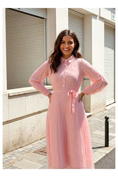 FAV Pleated Midi Dress with Collar and Tie-Up Belt