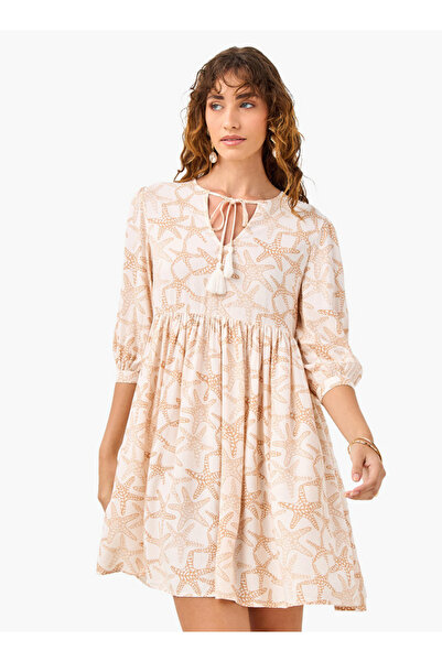 FAV Printed Coverup Dress with Tie-Up Neck and 3/4 Sleeves