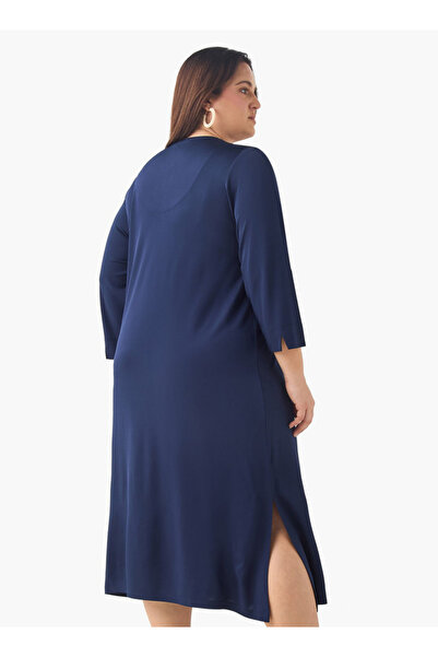 Ulla Popken Plus Size Ulla Popken V-Neck Midi Dress with 3/4 Sleeves and Slit Detail