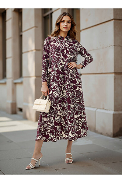 Iconic فستان ميدي بطبعة زهور مميزة مع ياقة وأكمام طويلة