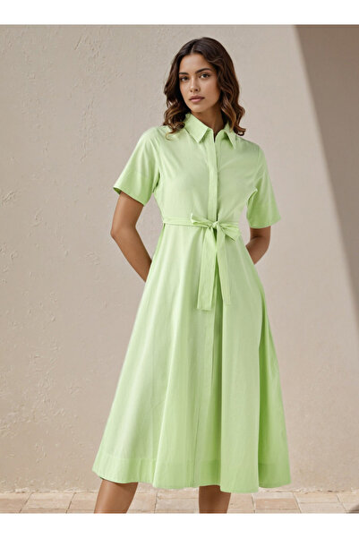 FAV فستان قطني متوسط الطول مع رباط على الخصر