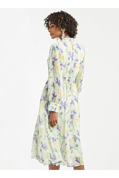 FAV All-over Floral Print Midi Shirt Dress With Shirred Detail And Long Sleeves