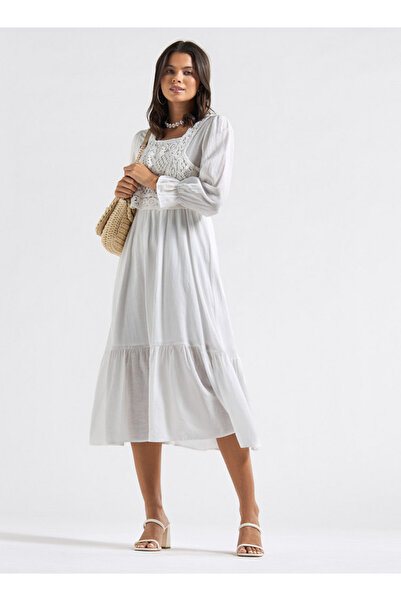 FAV Panelled A-line Dress with Square Neck and Bell Sleeves