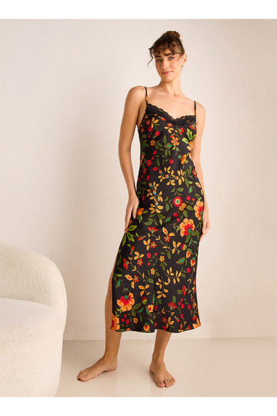 FAV فستان ساتان بطبعة زهور مع حمالات قابلة للتعديل