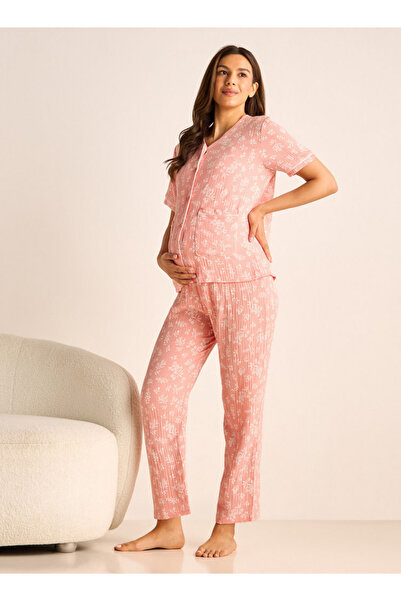 FAV طقم بيجامة وقميص حمل بطبعة زهور وحزام مطاطي