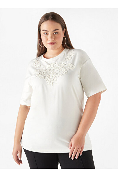 Ulla Popken Plus Size Embroidered Top With Short Sleeves And Round Neck