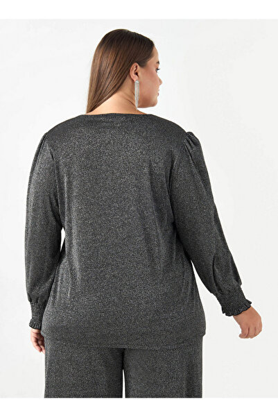 Ulla Popken Plus Size Ulla Popken Textured V-neck T-shirt with Long Sleeves