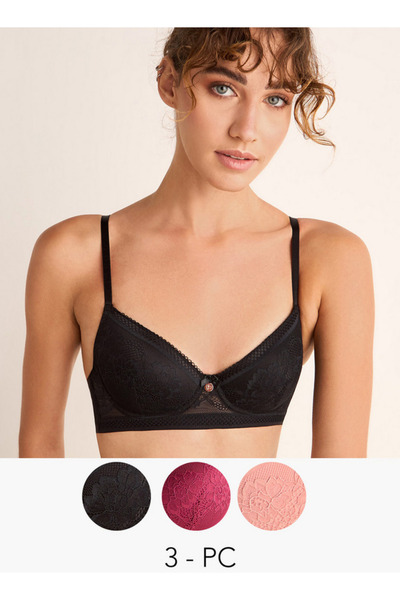 FAV مجموعة من 3 قطع - حمالة صدر نصفية من الدانتيل مع تفاصيل فيونكة