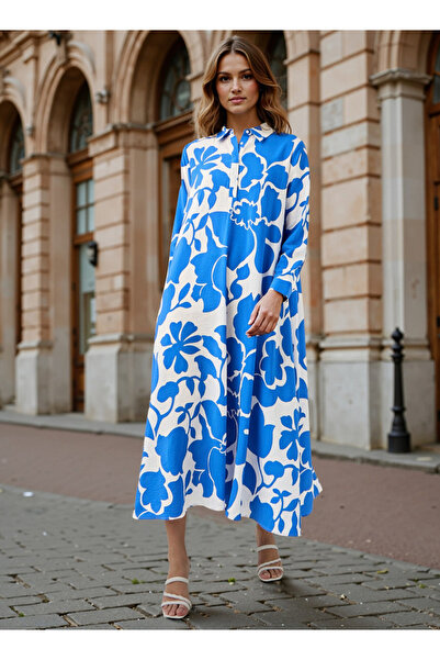 Iconic Floral Print Trapeze Midi Dress with Collar and Long Sleeves