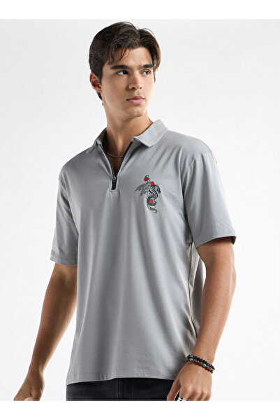 FAV Typographic Print Polo T-shirt with Short Sleeves and Zip Closure