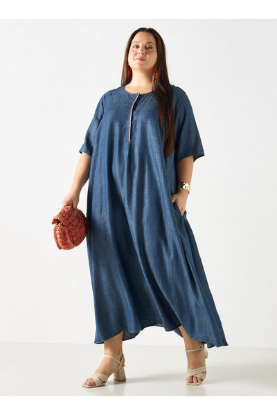 Ulla Popken Plus Size Ulla Popken Maxi Dress with 3/4 Sleeves and Round Neck