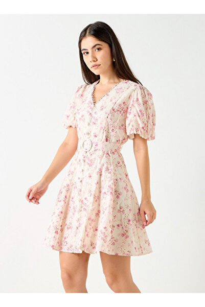 Lee Cooper Lee Cooper Floral Print V-Neck Mini Dress with Belt Detail