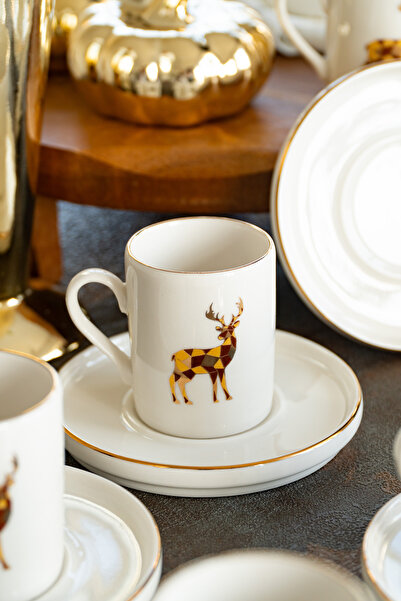 Heda Porselen Geyik 12 Parça 6 Kişilik Porselen Kahve Fincan Takımı