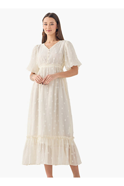 FAV Textured A-Line Midi Dress with V-Neck and Short Sleeves