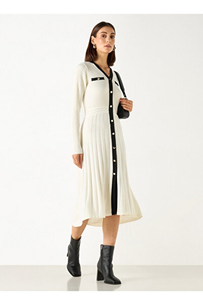 Iconic Textured A-line V-neck Dress With Long Sleeves