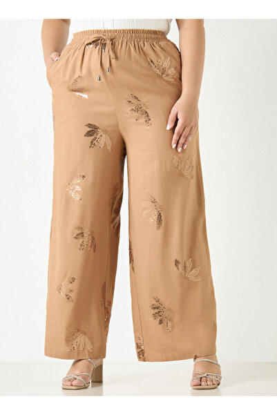 Ulla Popken Plus Size Ulla Popken All-Over Embellished Wide Leg Pants with Drawstring Closure and Pockets