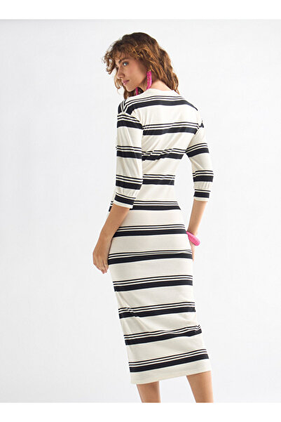 FAV Striped Bodycon Dress with Round Neck and 3/4 Sleeves