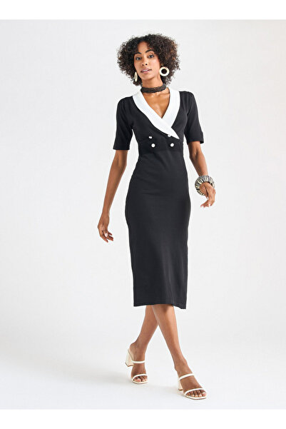 FAV Solid Lapel Dress with Short Sleeves and Button Detail