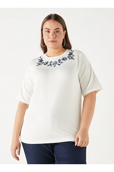 Ulla Popken Plus Size Ulla Popken Embroidered T-shirt with Short Sleeves