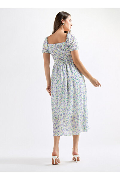 FAV All-Over Floral Print A-line Dress with Ruffles and Shirred Detail