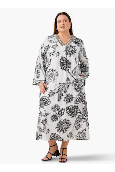 Ulla Popken Plus Size Ulla Popken Embellished V-neck Maxi Kaftan Dress