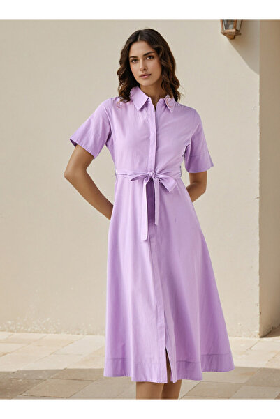 FAV Shirt Midi Cotton Dress with Waist Tie-Up
