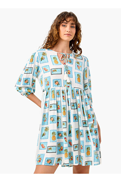 FAV Printed Coverup Dress with Tie-Up Neck and 3/4 Sleeves