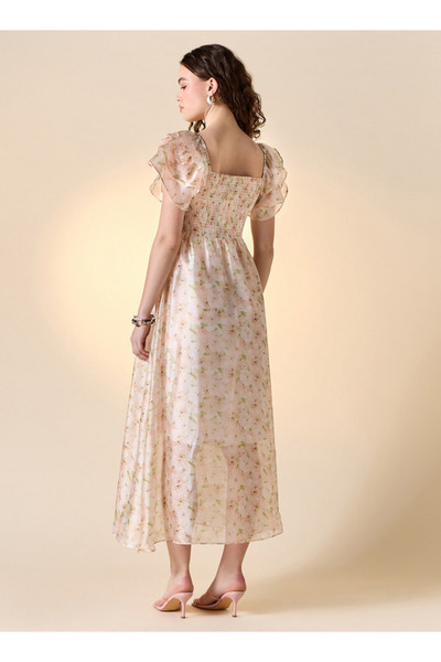 FAV Floral Print Ruffle Sleeves Maxi Dress with Shirring Detail