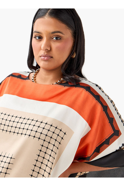 Ulla Popken Ulla Popken Plus Size Printed Kaftan Top with Round Neck