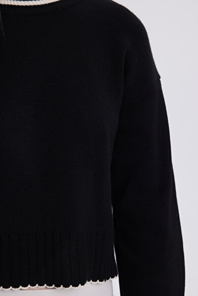 Tudors Kadın Oversize Geniş Kesim Bisiklet Yaka Çizgili Siyah Kazak