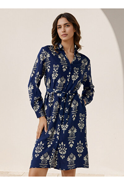 FAV Knee Length Shirt Belted Dress with Floral Print