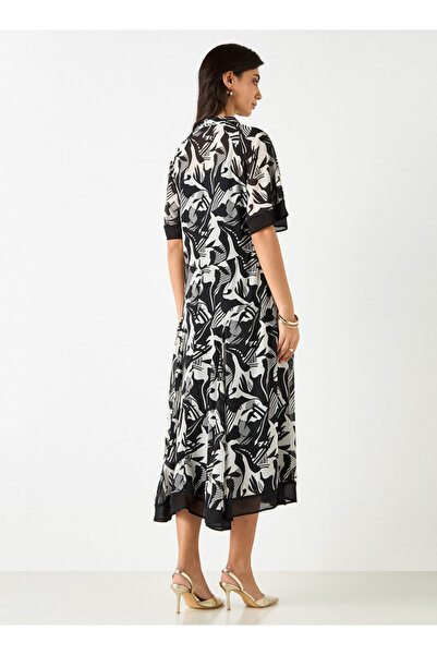 Iconic All-over Print A-line Midi Dress With Pussy Bow Neck