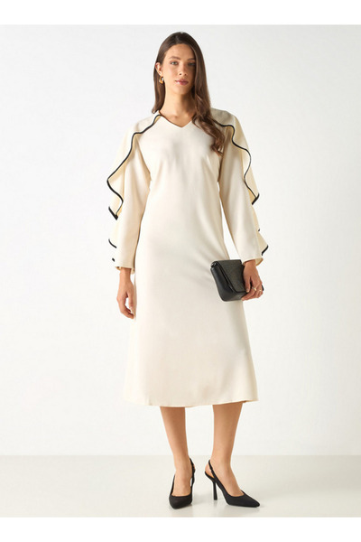 Iconic Solid V-neck Dress With Long Sleeves And Ruffles