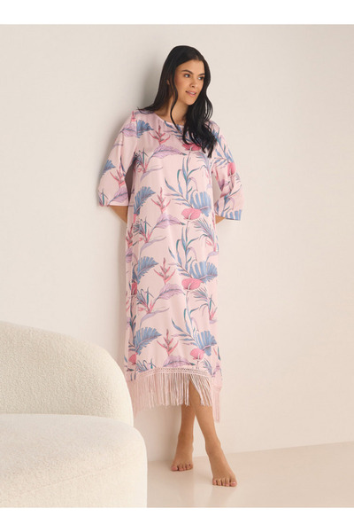 FAV فستان نوم بطبعات الأزهار بأكمام 3/4 وتفاصيل هامشية