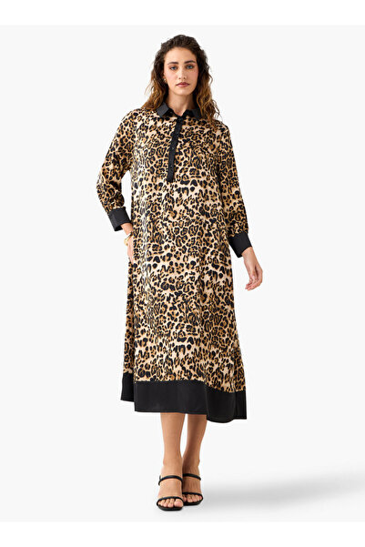 FAV Animal Print Midi Shirt Dress with Long Sleeves