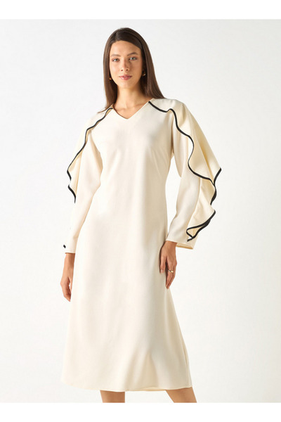 Iconic Solid V-neck Dress With Long Sleeves And Ruffles