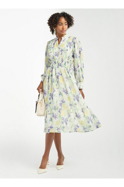 FAV All-over Floral Print Midi Shirt Dress With Shirred Detail And Long Sleeves