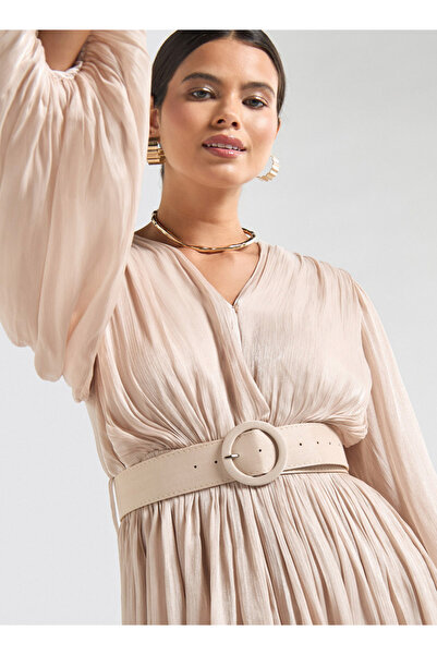 FAV Textured Belted Midi Dress With V-neck And Long Puff Sleeves
