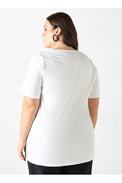 Ulla Popken Plus Size Lace Detail V-neck T-shirt with Short Sleeves