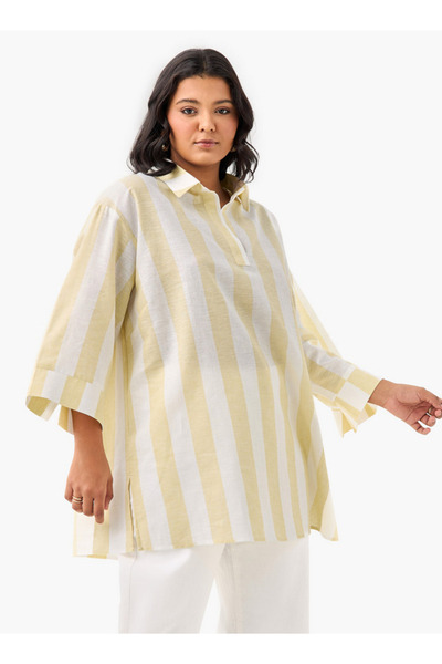 Ulla Popken Plus Size Ulla Popken Striped Linen Top with Collar and Long Sleeves