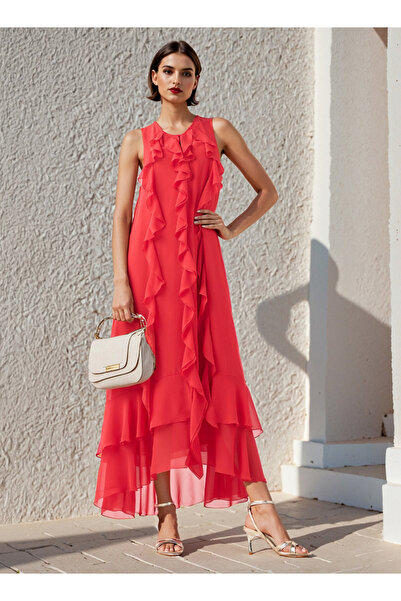 Iconic فستان عمودي بدون أكمام بتفاصيل كشكشة ورقبة على شكل حرف V