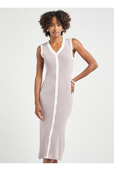 FAV Ribbed Sleeveless Button Down Dress with V-neck