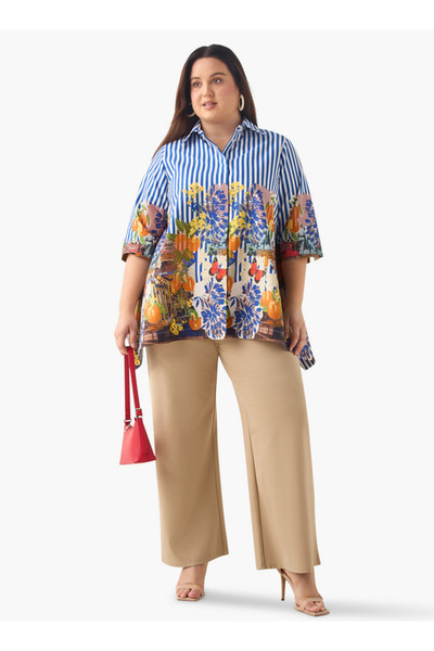 Ulla Popken Plus Size Ulla Popken Relaxed Fit Floral Print Shirt with Collar and 3/4 Sleeves