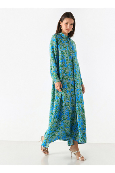 Iconic فستان ماكسي مطبوع بالكامل مع ياقة وأكمام طويلة