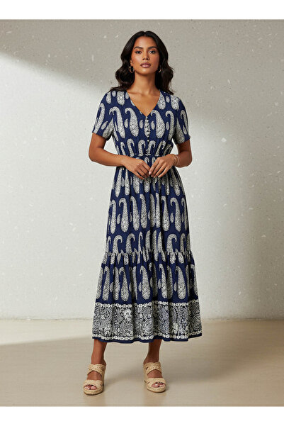 FAV فستان نسائي متعدد الطبقات بطبعة بيزلي وأكمام قصيرة